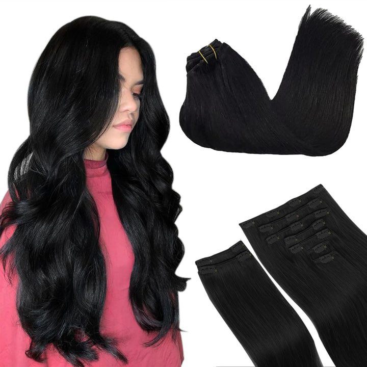 GOO GOO Clip in Extensions Echthaar, Echthaar Extensions Clip, 35cm 150g 9pcs, Extensions Echthaar,
