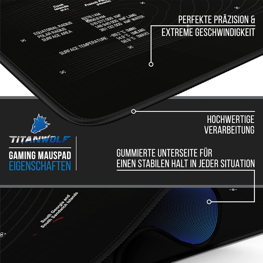 CSL - Übergrösse Mauspad Gaming Titanwolf 1200x600mm Weltkarte - XXXL Mousepad gross mit Motiv - Tis