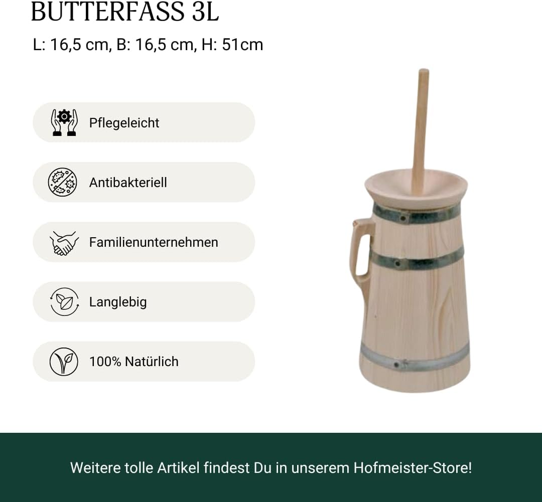 HOFMEISTER® Butterfass aus Holz, für 3 Liter Sahne, Butter selber Machen, authentische Böttcherware