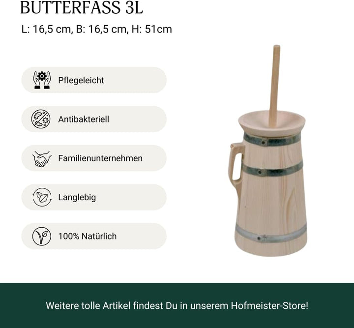 HOFMEISTER® Butterfass aus Holz, für 3 Liter Sahne, Butter selber Machen, authentische Böttcherware