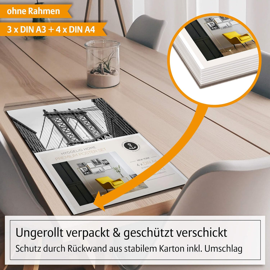 Hyggelig Home Premium Poster Set - 7 schwarz weiss Bilder im Set - Deko Skyline Manhattan- Set New Y
