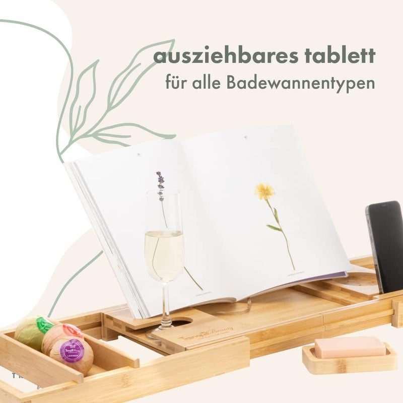 Tranquil Beauty Badewannenablage ausziehbar - Nachhaltiges Bambus Badewannenbrett mit Tablet- und Ha