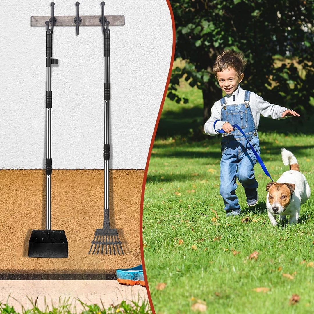 Hundekotschaufel Set mit 96cm langem Griff – Abnehmbares Metalltablett, Rechen für grosse, mittelgro