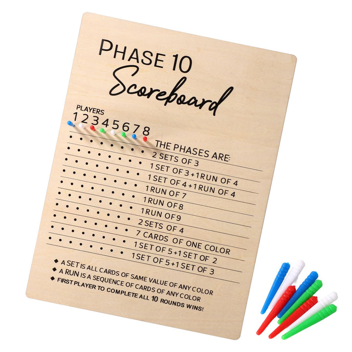 Phase 10 Anzeigetafel, 2025 Spass aus Holz Phase 10 Punktetafel mit 8 Farbigen Stift Tischtafel Phas