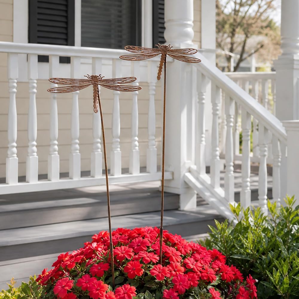 2er Set Gartenstecker Rost Libellen, Gartenstecker Metall, Gartendeko Rost für Draussen, Edelrost Ga