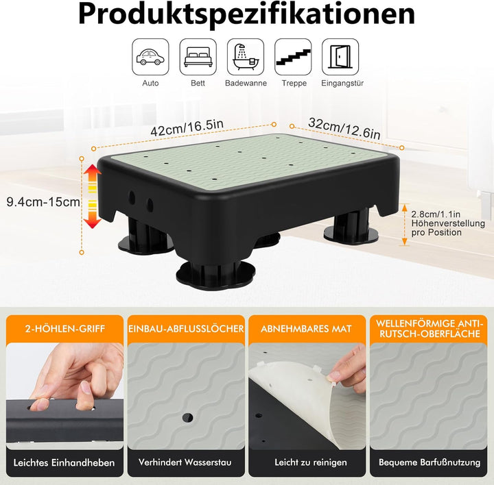 Rutschfest Halbstufe, Nachleuchtende Trittstufe, 3-stufig höhenverstellbarer, max.250 kg, Step Hocke