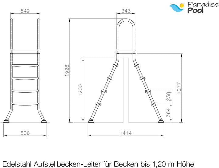 Unbekannt EDELSTAHLLEITER 43mm V2A-Holme für Hoch- und Aufstellbecken 120-125 cm Höhe