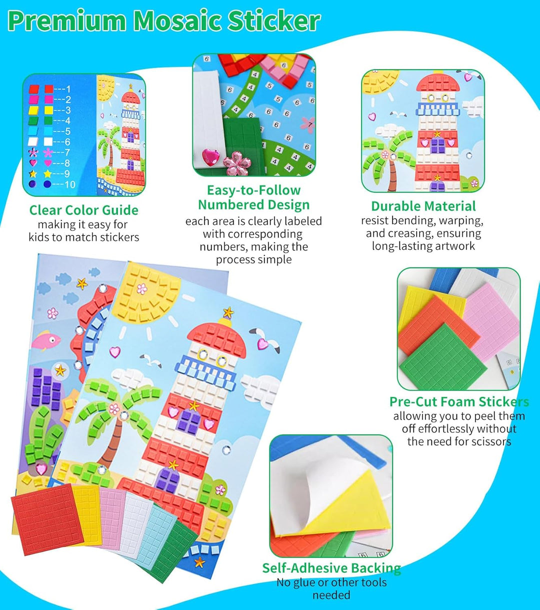 12 Stück Mosaik Bastelset für Kinder, Klebebilder Basteln Frühling DIY Mosaike Aufkleber, Sticky Mos