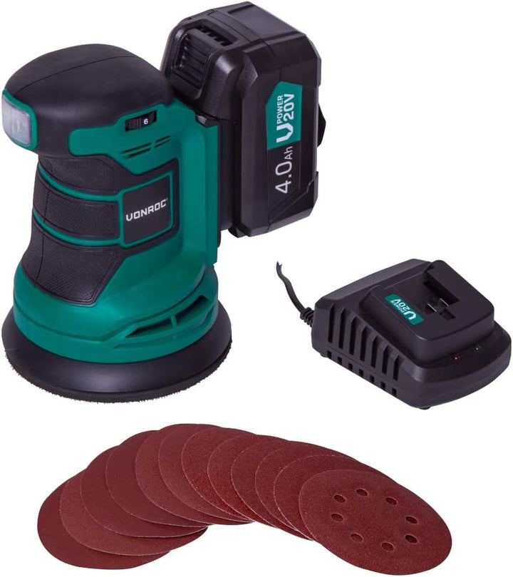 VONROC Exzenterschleifer - VPower 20V - Inkl. 4.0Ah Akku und Ladegerät - Ø125mm - Mit Staubbeutel &