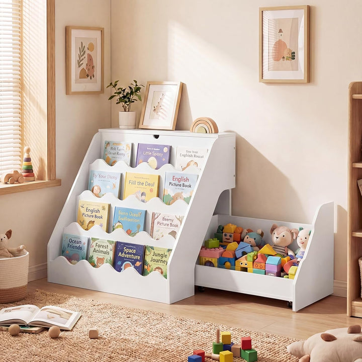 COSTWAY 4 stufiges Kinder Bücherregal, Kinderregal mit aufklappbaren Fach & Schublade auf Rollen, Sp