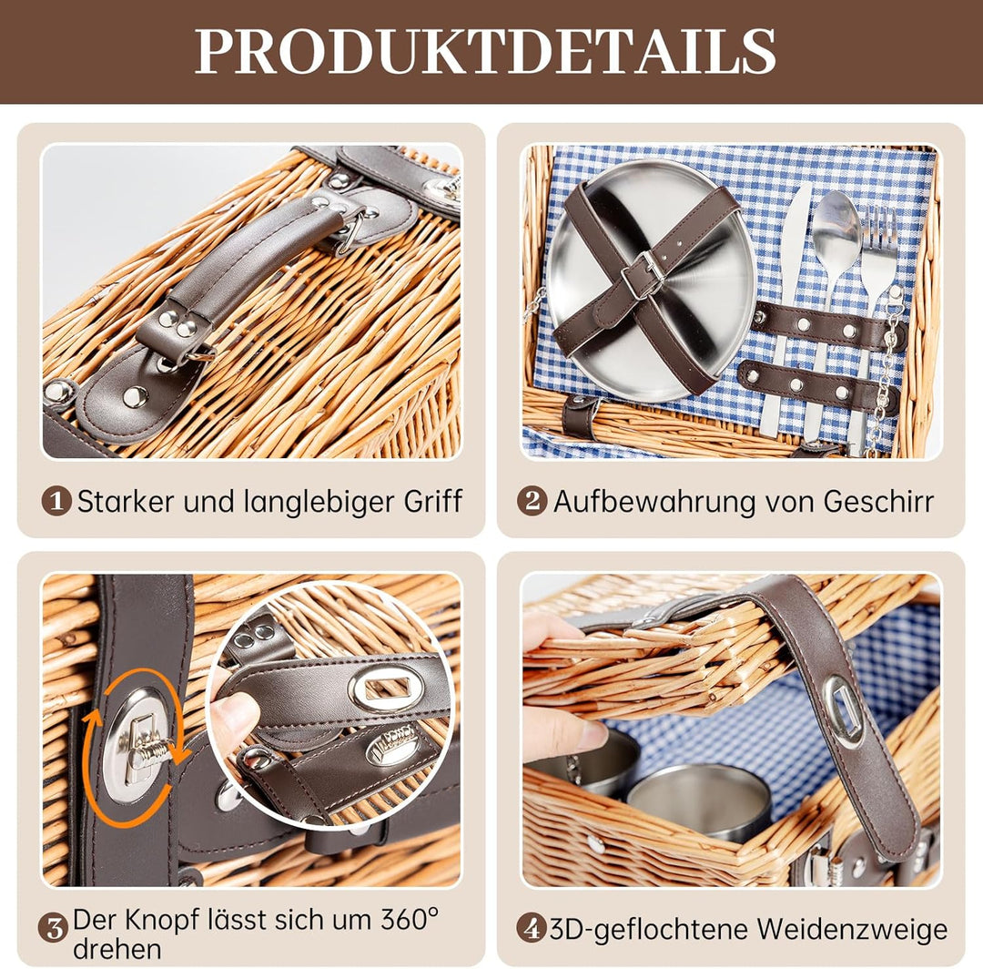 Weiden-Picknickkorb für 2 Personen, Weidenkorb mit Wasserfester Picknickdecke und Besteckset, Pickni