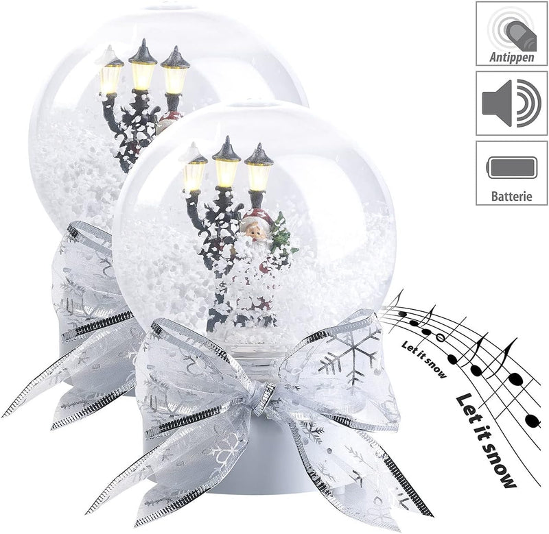 infactory Schneekugel: 2er-Set Schneekugeln mit singendem Weihnachtsmann, LED-Laterne (Schneekugel W
