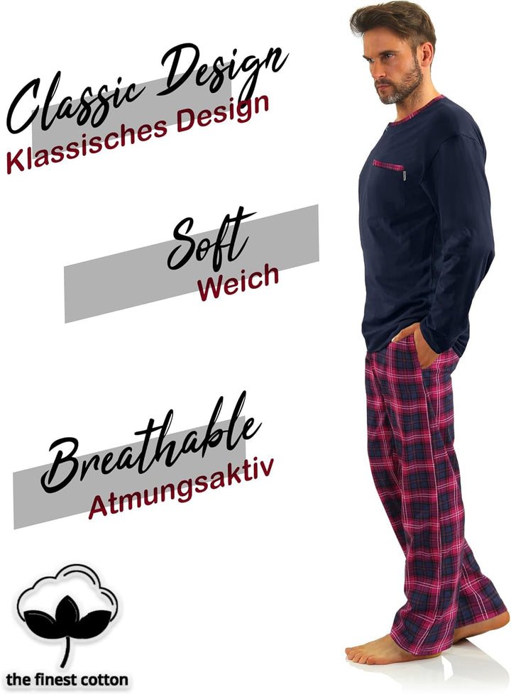 sesto senso Herren Schlafanzug Lang Baumwolle Pyjama Langarm Shirt mit Tasche Pyjamahose Zweiteilig