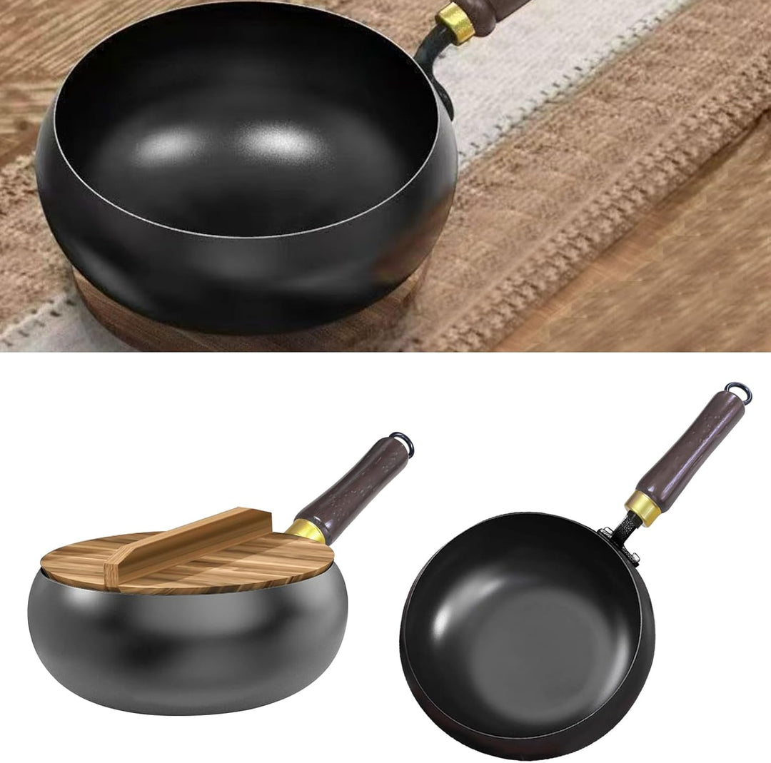 Eisenpfanne Ohne Beschichtung,Eisenpfanne Mit Holzdeckel, Multifunktionaler Eisenpfanne Geschmiedet,