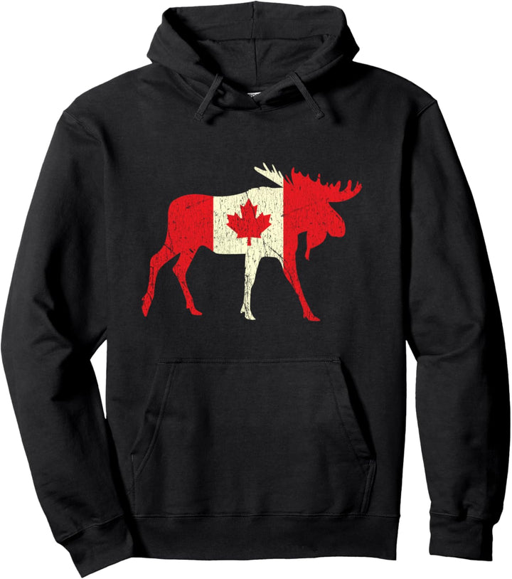 Distressed Elch Deer Canada Day Proud Canadian Flag Canada Pullover Hoodie