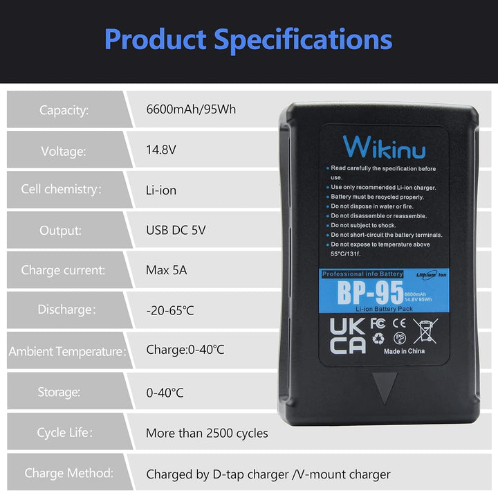 Wikinu 95Wh 6600mAh V-Mount/V-Lock Akku Kompatibel mit Sony Video Kamera Camcorder und Adapter für B