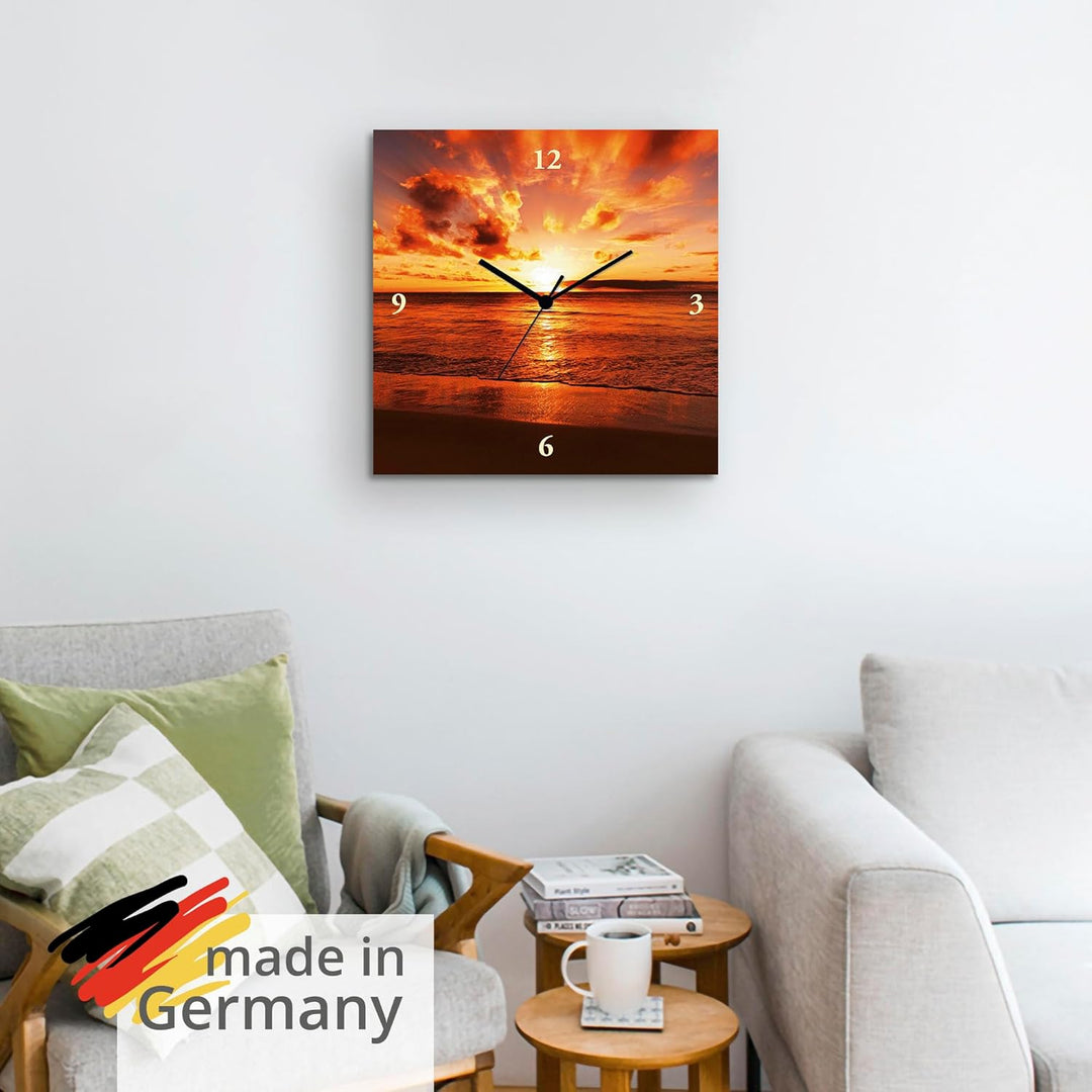 ARTLAND Wanduhr ohne Tickgeräusche Leinwand Quarzuhr 30x30 cm Quadratisch Lautlos Strand Meer Sonnen