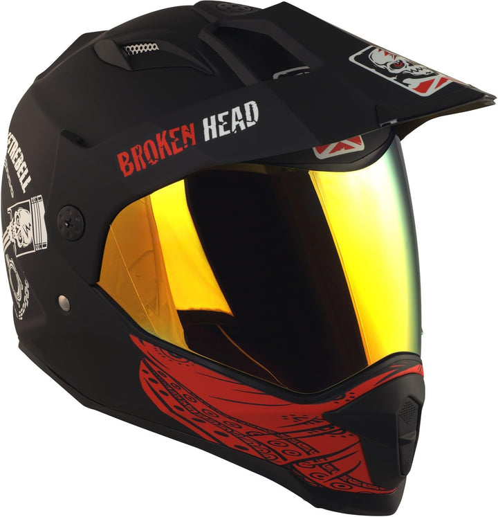 Broken Head Street Rebel rot Motocross-Helm Set mit Gold verspiegeltem Visier | Enduro-Helm - MX Cro