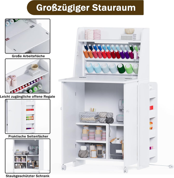 LED Nähtisch klappbar mit 33 Garnhalter & 2 Steckdosen, USB+Typ-C Nähmaschinenschrank mit viel Staur