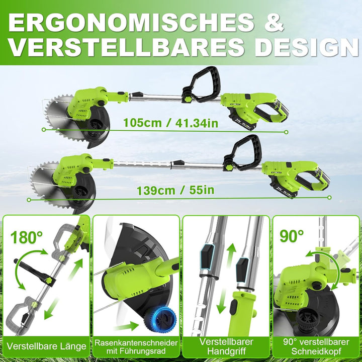 Rasentrimmer Akku 21V mit 2 Akkus und Ladegerät, Freischneider Akku 24000U/min mit LCD-Anzeige, Akku