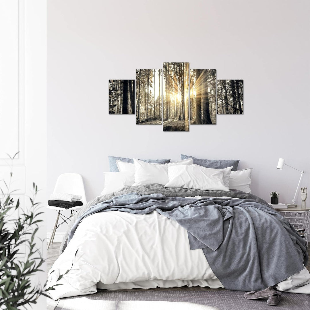 Runa Art Bild Schlafzimmer Wohnzimmer Wald Landschaft 5 Teilig Sonne Grau Braun Wandbilder auf Vlies