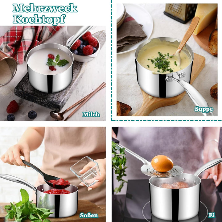 Homikit Stielkasserolle, 3-Lagen Edeastahl 14cm Kasserolle mit Glasdeckel, Klein Kochtopf Milchtopf