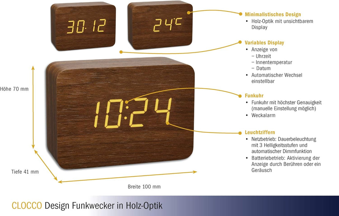 TFA Dostmann Design Funk-Wecker in Holz-Optik Clocco, 60.2549, Kunststoff, L 100 x B 41 x H 70mm (br