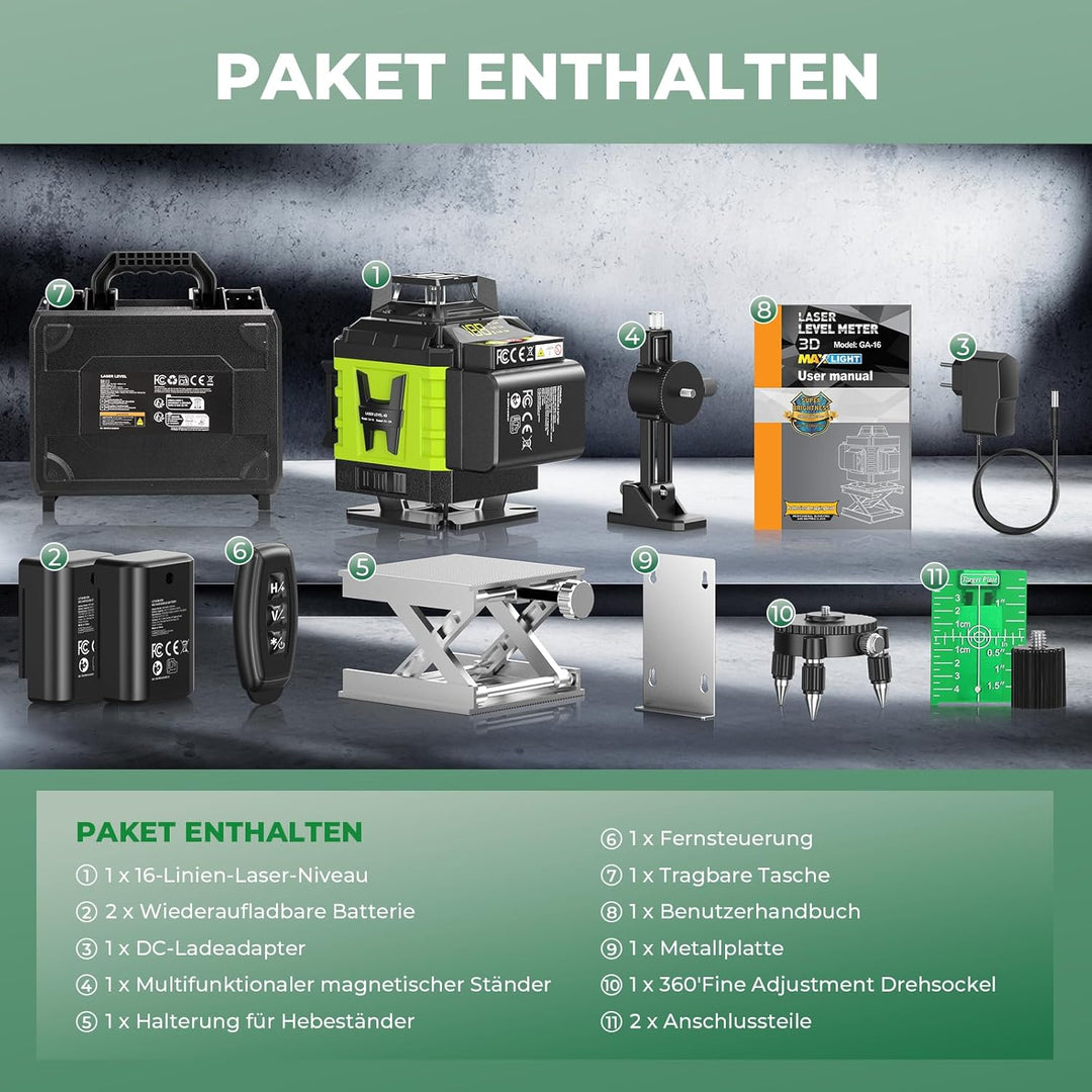 Kreuzlinienlaser Grün 16 Linien Nivellierlaser, 4 x 360 ° Laser wasserwaage, linienlaser kreuzlaser