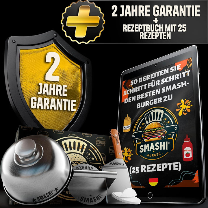 SMASHI® Smash Burger Set mit Holzgriffen – Grillzubehör aus Edelstahl 304 Burgerpresse, Spachteln &