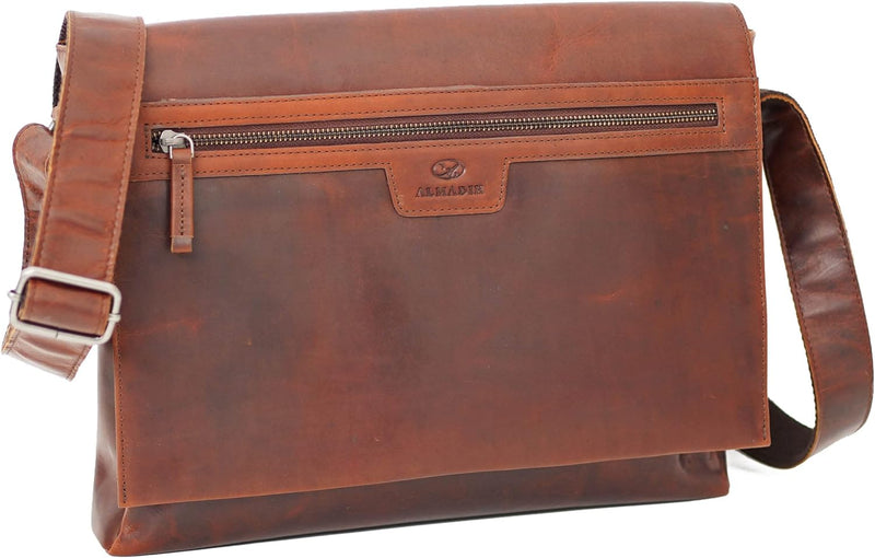 ALMADIH Leder Umhängetasche braun Vintage aus Rindsleder - Ledertasche mit gepolstertem Laptop Fach,