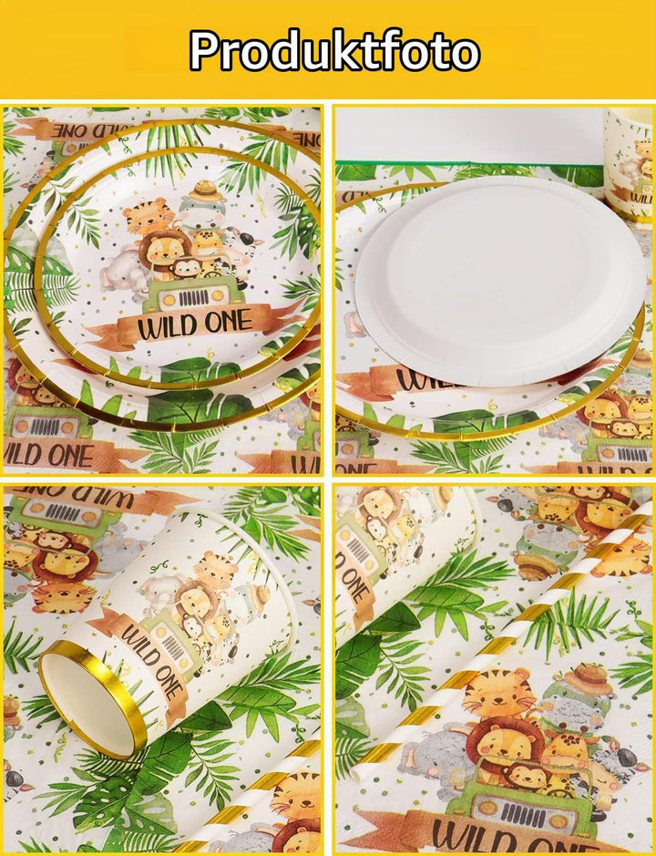 Dschungel Safari Partygeschirr Set 126 Stück Papier Teller Tassen Servietten Strohhalme für Wild One