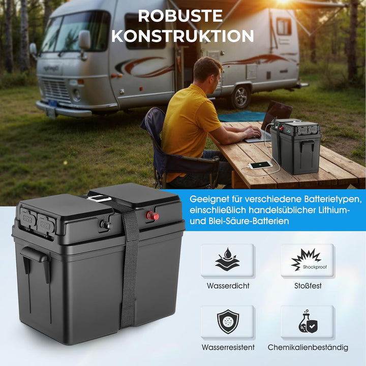 Batteriebox für Bootsmotor Elektromotor Schlauchboot Aussenboarder RV– mit USB & 12V Anschluss, Ziga