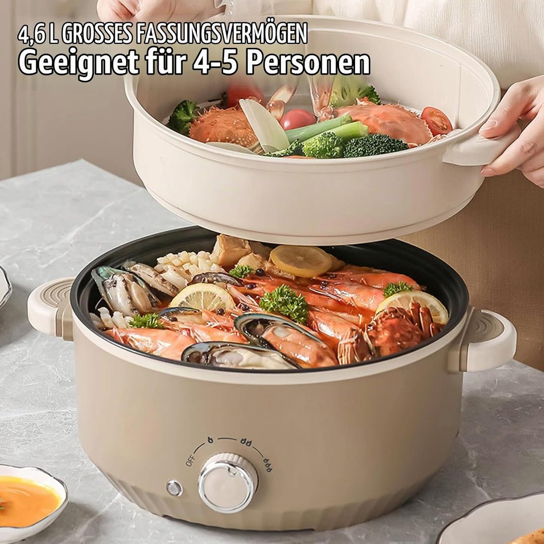 Hot Pot Elektrisch mit Dampfgarer, 4.6 L Tragbar Elektrischer Kochtopf 1000W, Multifunktionaler Hotp
