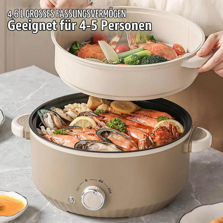 Hot Pot Elektrisch mit Dampfgarer, 4.6 L Tragbar Elektrischer Kochtopf 1000W, Multifunktionaler Hotp