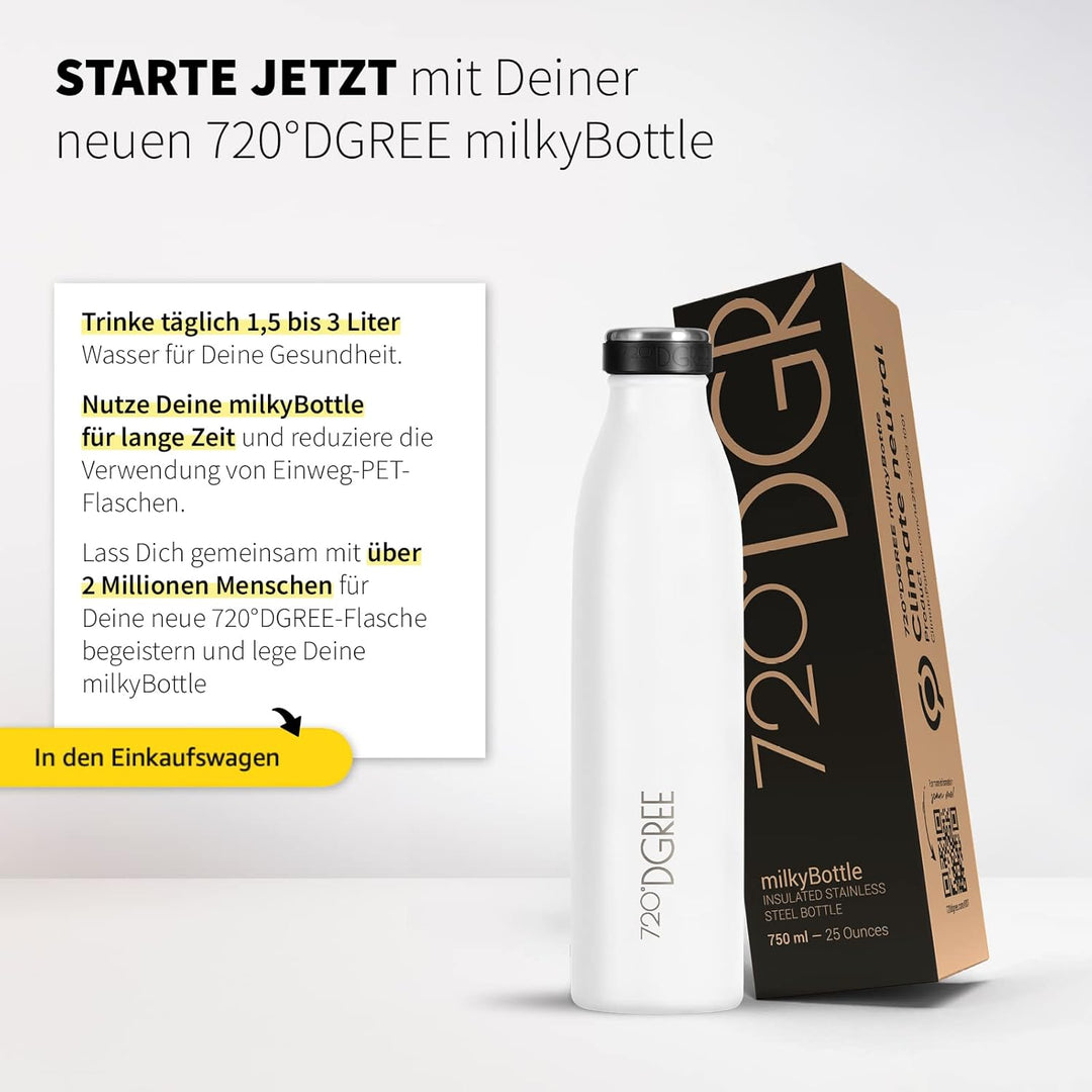 720°DGREE Edelstahl Trinkflasche “milkyBottle” - 750ml - BPA-Frei, Auslaufsicher, Kohlensäure geeign