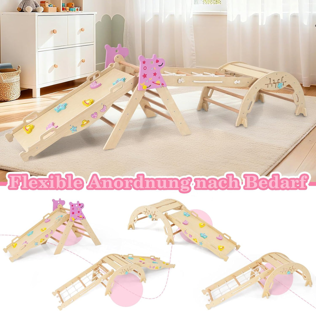 COSTWAY Klettergerüst Indoor 4er Set, klappabres Kletterdreieck mit Rutsche, Kletterbogen, Netz, ink