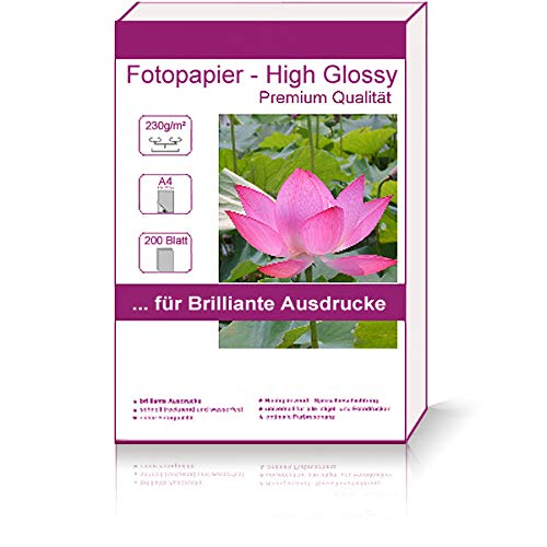 200 Blatt DIN A4 230g/m² Fotopapier Hglossy wasserfest Photopapier hochglänzend high glossy wasserfe