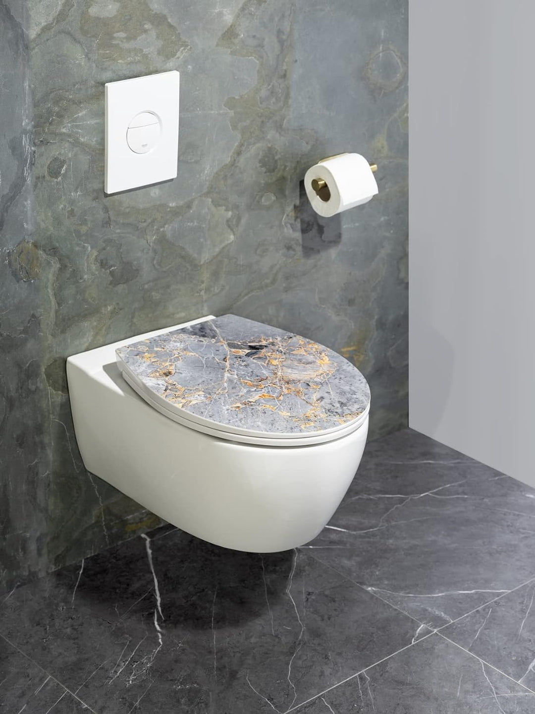 WENKO WC-Sitz Grey Marble, eleganter Toilettensitz aus antibakteriellem Duroplast mit Absenkautomati