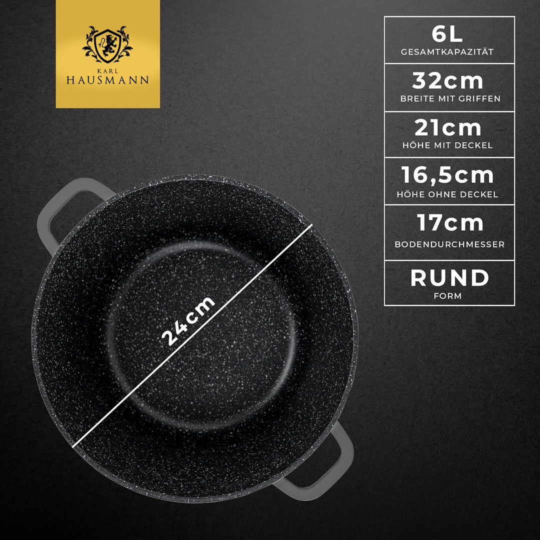 KARL HAUSMANN Aluguss Topf 24 cm 6L mit Deckel - Kochtopf Induktion, Antihaftbeschichtet mit COOKMAR
