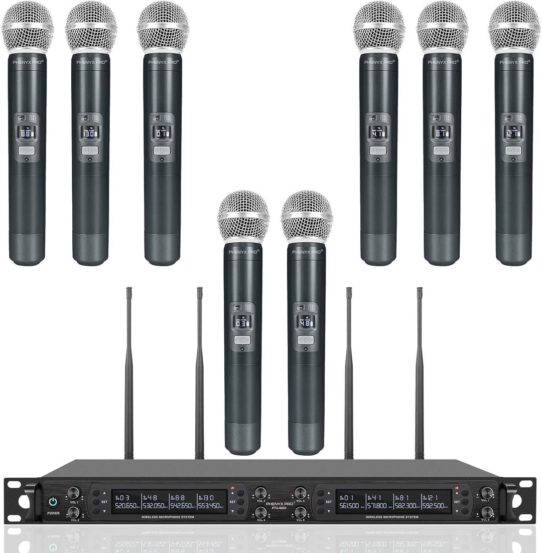 Phenyx Pro 8-Kanal Wireless Mikrofon System mit 8 Handheld Mikrofonen, Funkmikrofon Set mit automati