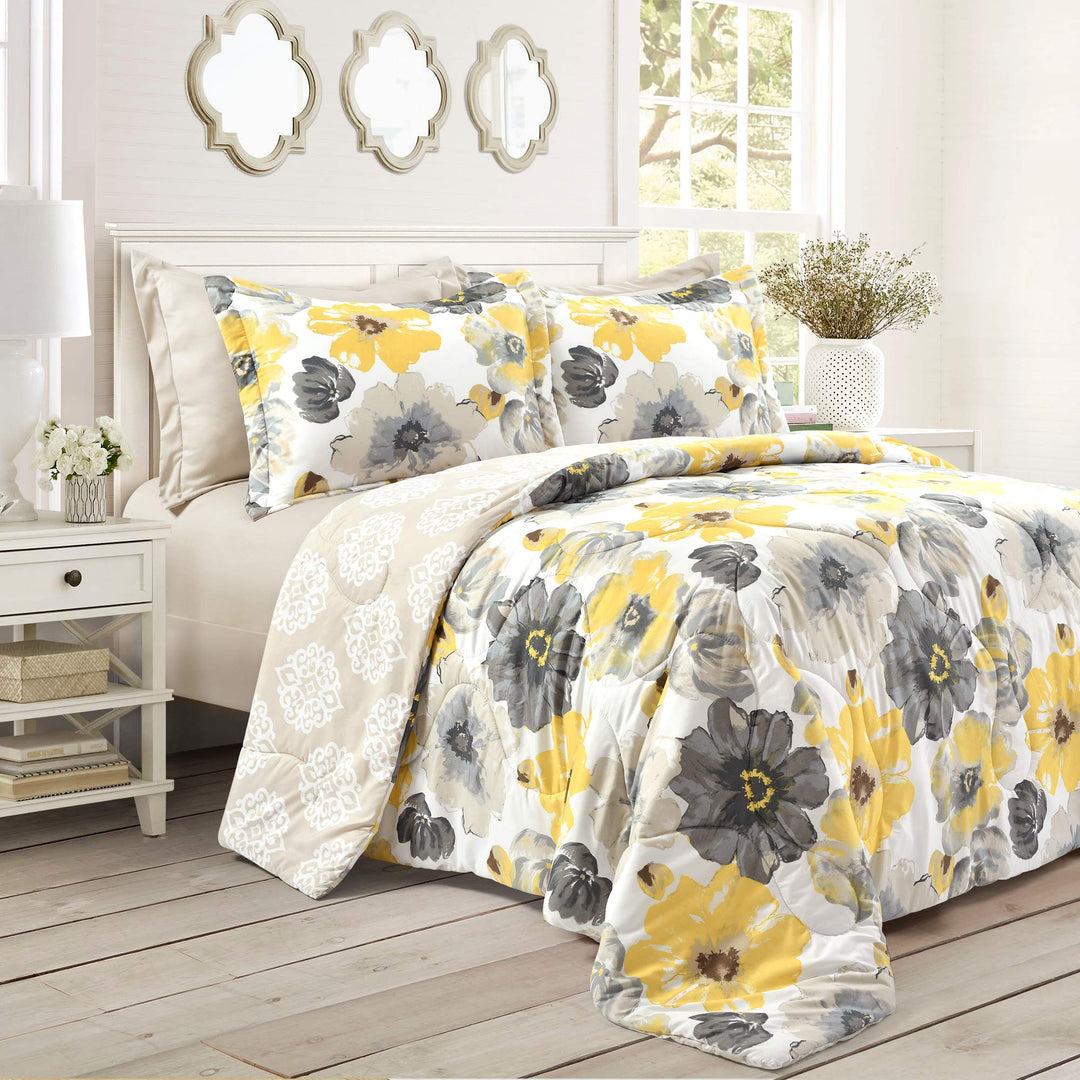 Lush Decor Leah Wende-Bettwäsche-Set, 6-teilig, King-Size, Gelb und Grau, grosse blühende Aquarellbl