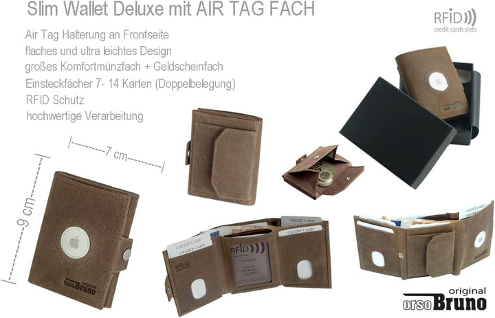 Minigeldbörse mit Apple AirTag Fach Herren braun Leder RFID Schutz, Herren Mini Geldbörse klein, Min