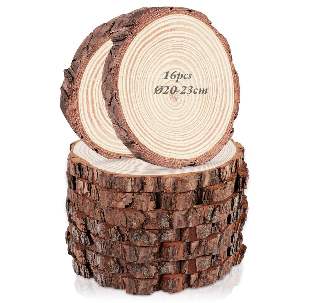 16er Set Holzscheiben 20 cm Durchmesser, Baumscheiben Naturholz mit Rinde, 15 mm Dick, Runde Holzsch