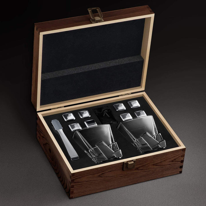 Maverton Whisky Steine Set - in Holzbox mit Gravur - 8 Eiswürfel + 2 Whisky Gläser + Zange + Samtbeu