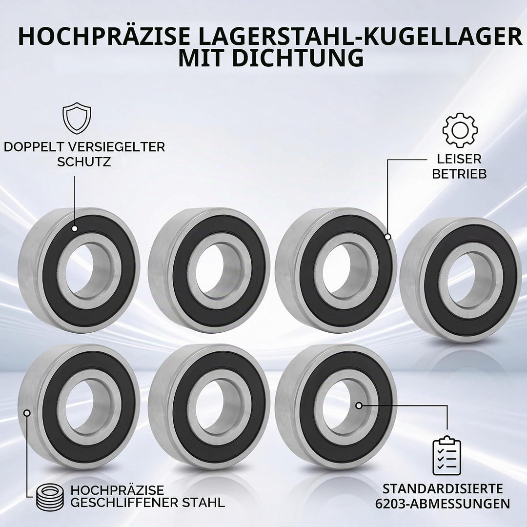 Packung mit 10 Rillenkugellagern 6203-2RS, 17 x 40 mm, geräuschloses, langsam laufendes Stahllager,