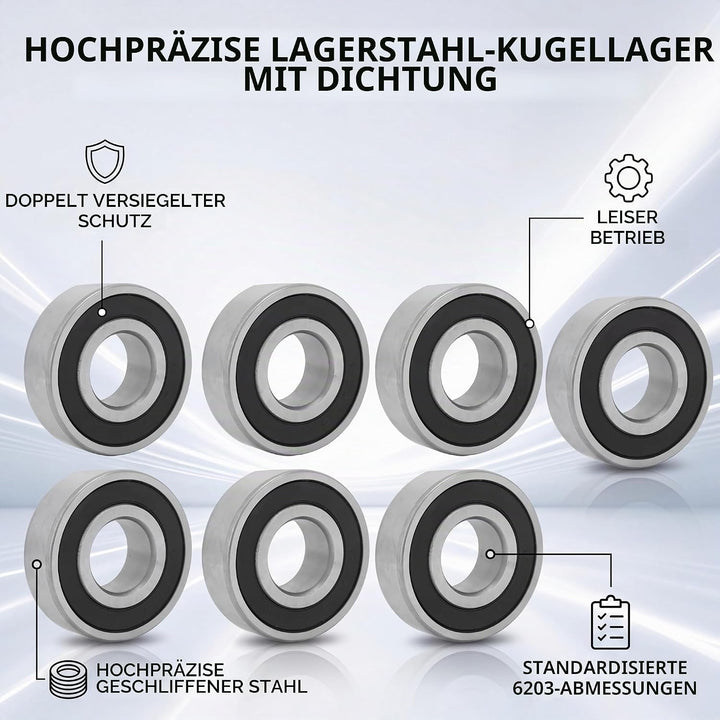 Packung mit 10 Rillenkugellagern 6203-2RS, 17 x 40 mm, geräuschloses, langsam laufendes Stahllager,