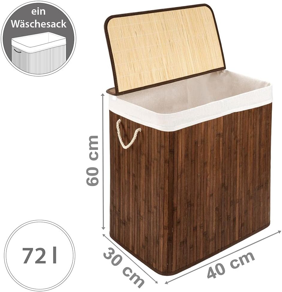 PANA®ECO Bambus Wäschekorb mit Deckel (72 L) • Wäschebox mit herausnehmbaren Wäschesack • Faltbarer