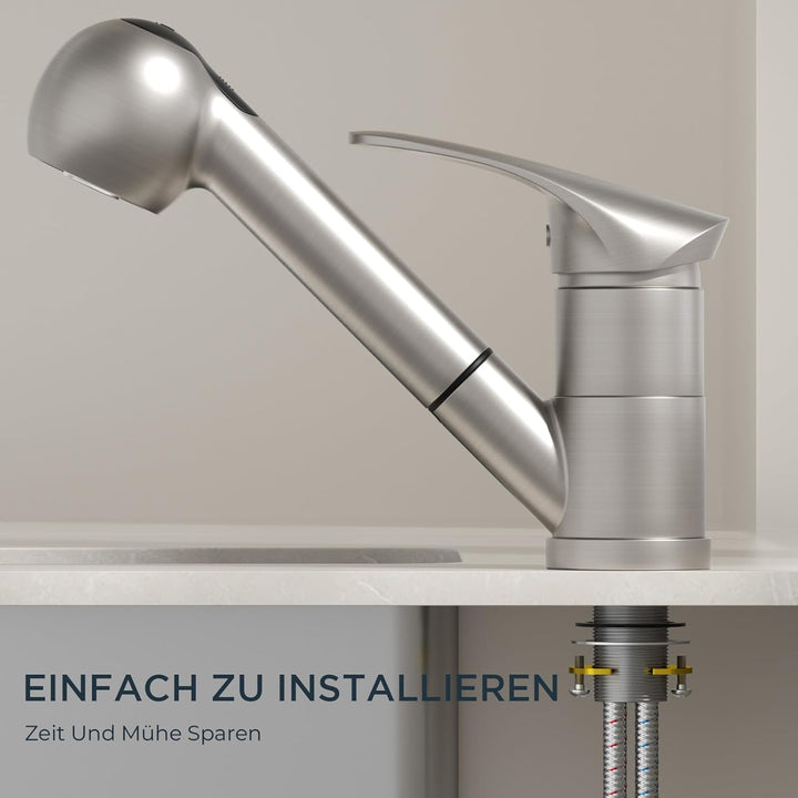 FORIOUS Wasserhahn Küche, Edelstahl Spültischarmatur mit Brause, Einhebelmischer Küchenarmatur, 360°