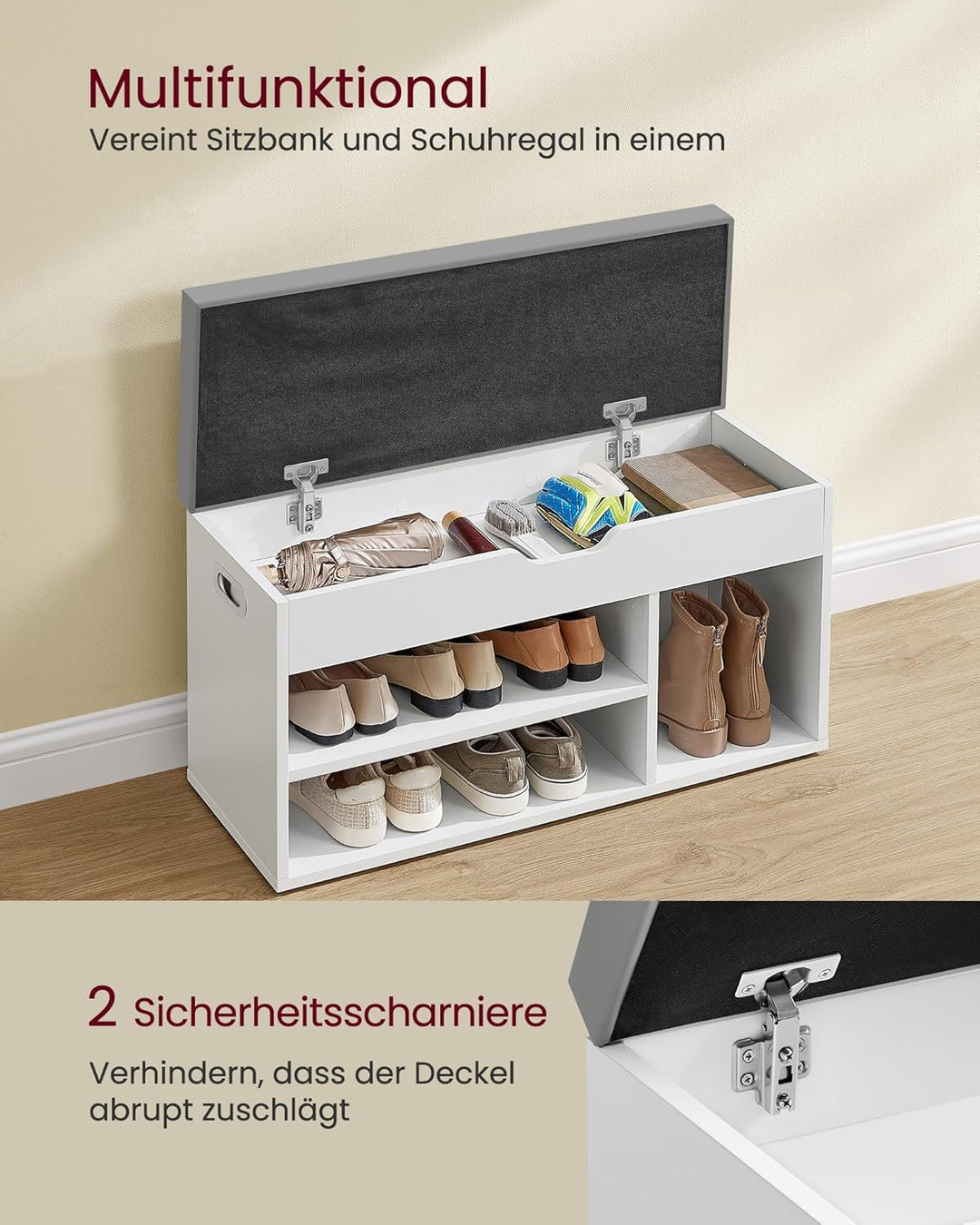 VASAGLE Schuhbank mit Sitzfläche, Sitzbank mit Stauraum, gepolstert, Fach unter Sitzkissen, Schuhreg