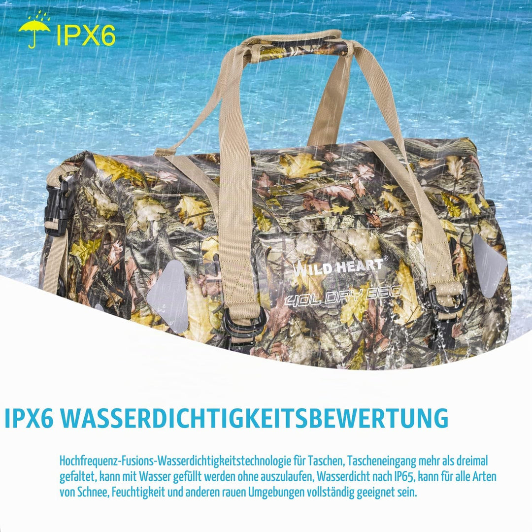 WILD HEART wasserdichte Reisetasche, 40 l 66 l, 100 l, mit verschweissten Nähten, Schultergurten, Ne